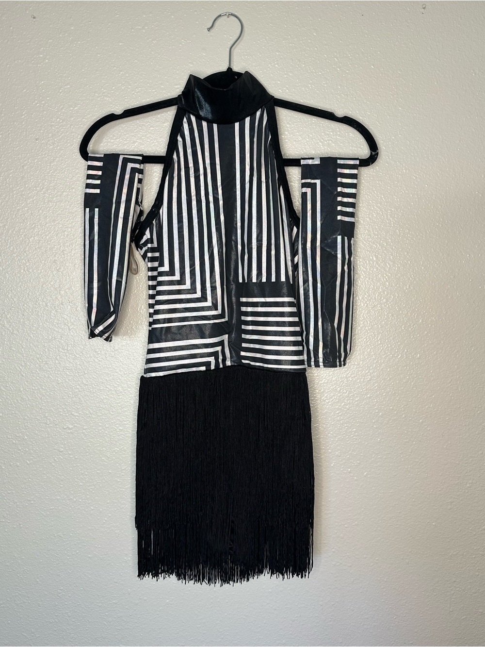 Weissman Black and White Striped Cold-Shoulder Fringe Mini Dress